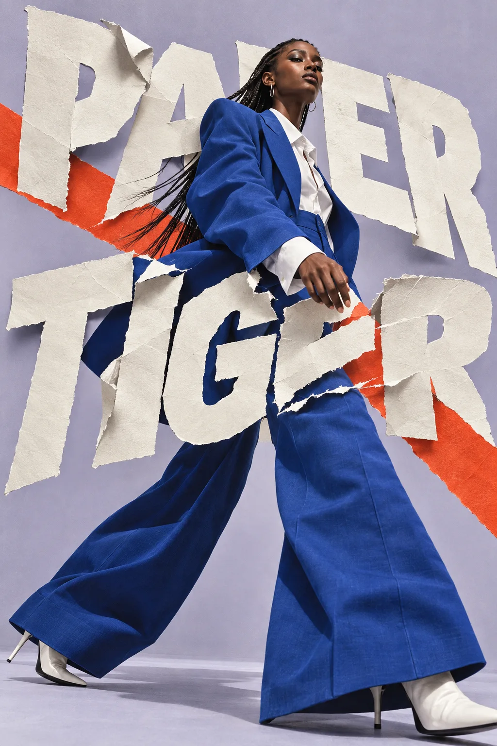 Paper Tiger — заголовок из рваной бумаги пересекает фигуру