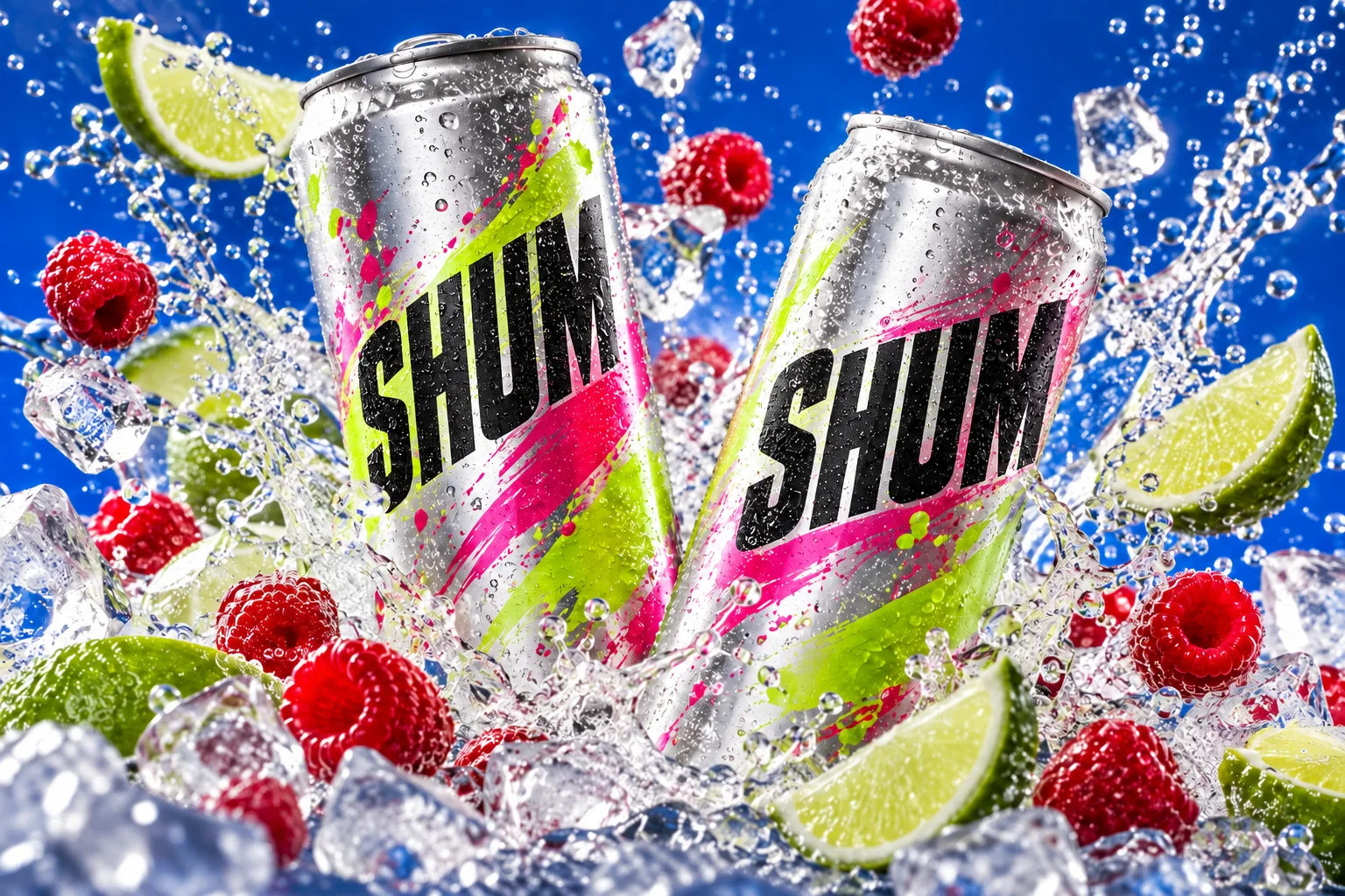 Two cold soda cans bursting through fruit and water