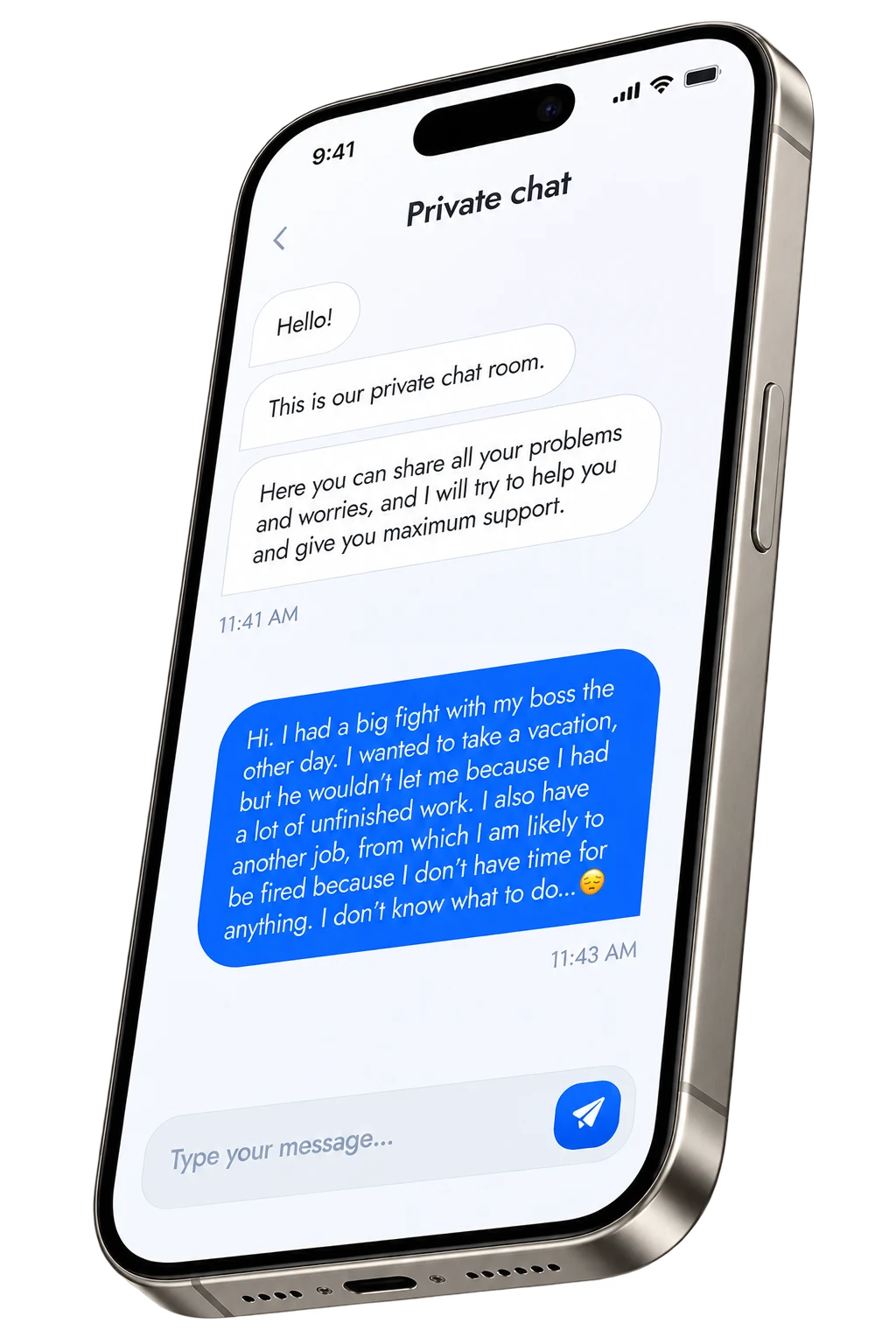Личный чат in a 3D iPhone perspective mockup