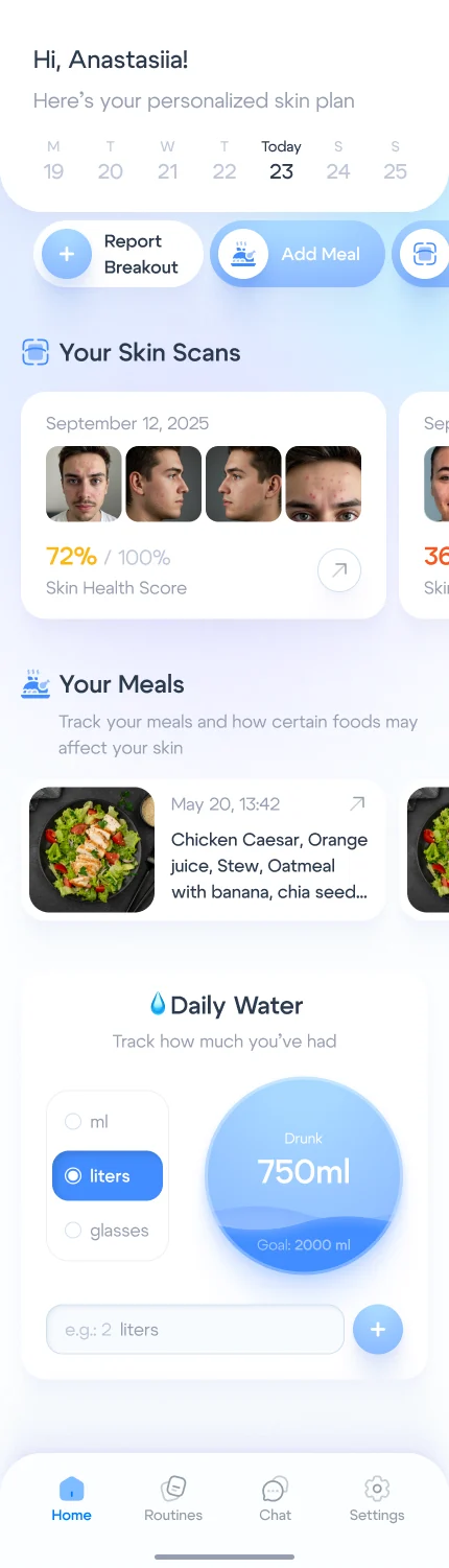 Home screen with skin scans, meals and water tracker