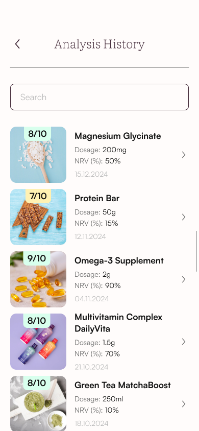 Saved supplement analysis history