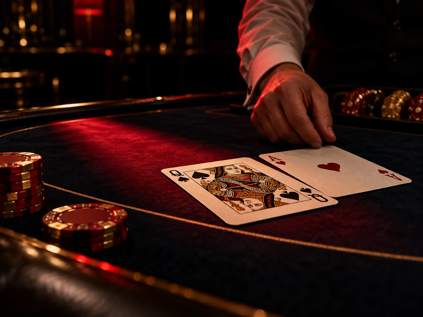 Blackjack cards under a red spotlight