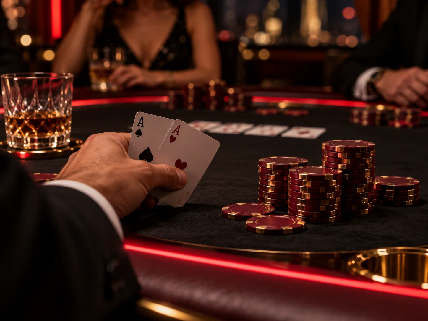 Poker hand and burgundy chips on a dark table