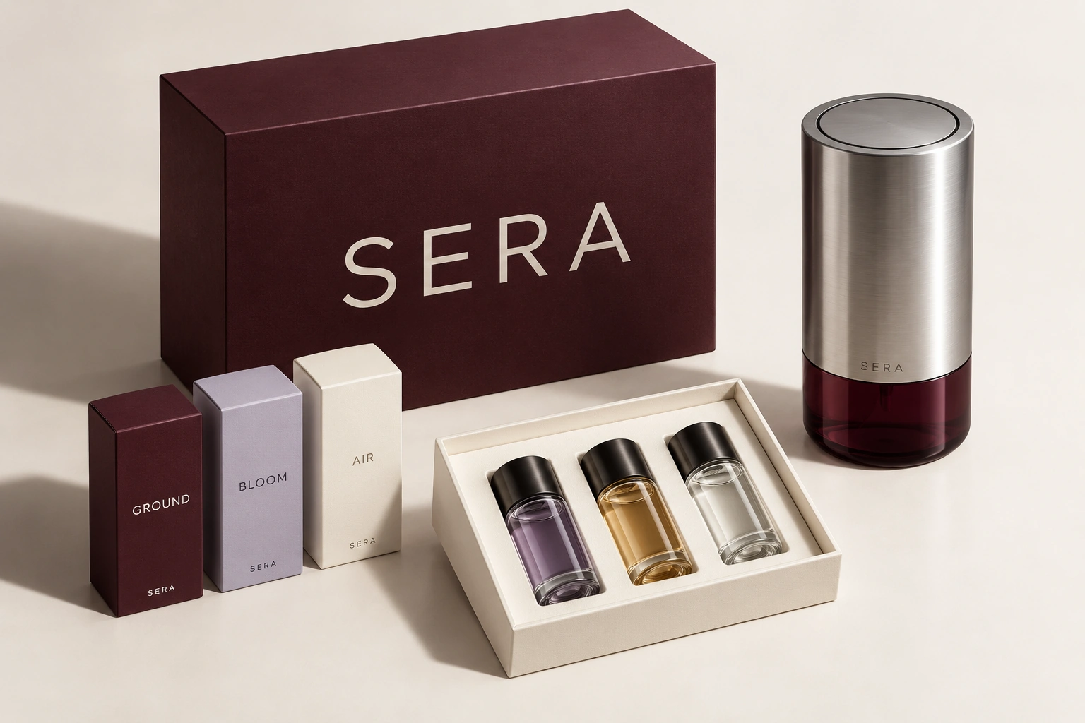 SERA packaging collection: burgundy box, silver device, and Ground, Air and Bloom scent cartridges